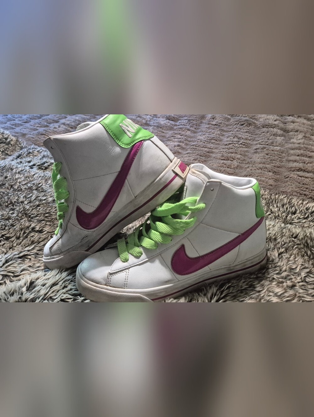 Nike Women’s White High-Top Sneakers with Pink Swoosh and Neon Green Accents